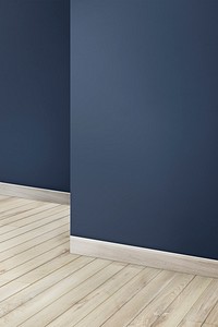 Empty blue wall corner mockup and wooden floor