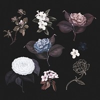 Hand drawn flower in vintage style design element set