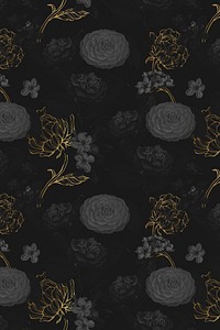 Hand drawn dark and gold flower patterned background