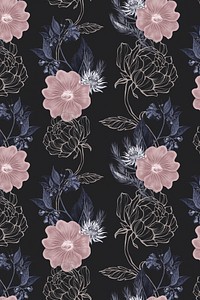 Hand drawn dull pink and gold flower pattern on a black background