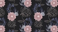 Hand drawn dull pink and gold flower pattern on a black background