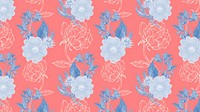Hand drawn blue flower pattern on a red background