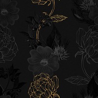 Hand drawn black and gold flower pattern on a dark background