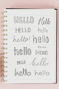 Word doodles on a notebook page mockup