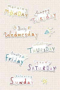 Weekday typography sticker design resource set vector