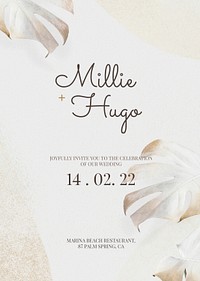 Monstera leaf wedding invitation psd card template