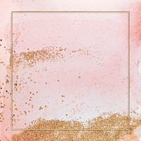 Gold square frame on pink watercolor background