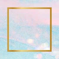 Gold square frame on a pastel pink and blue concrete textured background