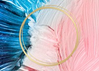 Gold round frame on a pink and blue paintbrush stroke patterned background