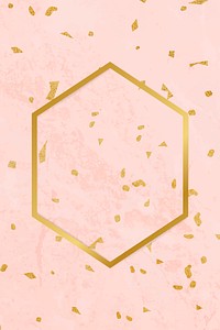 Gold hexagon frame on a pink patterned background vector