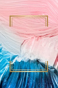 Gold rectangle frame on a pink and blue paintbrush stroke patterned background vector