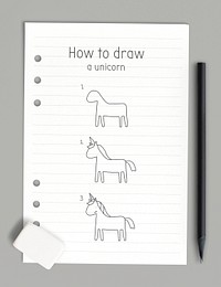 How to draw a unicorn doodle tutorial on a white paper mockup