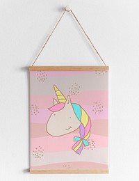 Cute unicorn wall hanging banner mockup on a white background