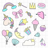 Cute pastel doodle sticker with a white border set on a grid background vector