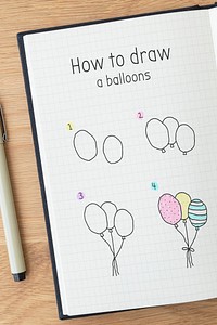How to draw a balloons doodle tutorial on a white paper mockup