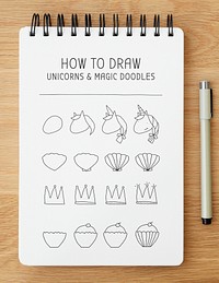 How to draw unicorns and magic doodles tutorial on a white paper mockup