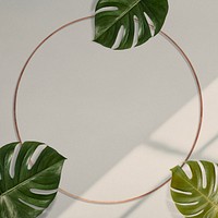 Gold round Monstera leaves on beige background