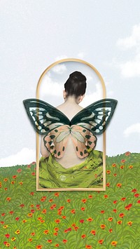 Nude woman with butterfly wings on golden frame
