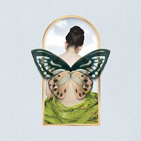 Woman with butterfly wings on golden frame
