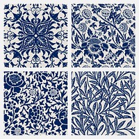 Vintage floral ornament seamless blue pattern background vector set