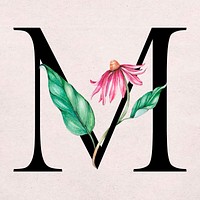 Floral m letter font vector romantic typography