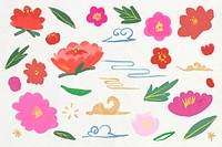 Hand drawn oriental flower psd botanical set