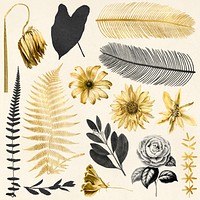 Hand drawn psd leaf flower gold black vintage sticker