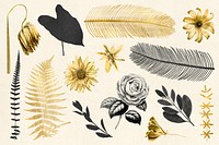 Vintage black psd leaf flower png illustration sticker collection