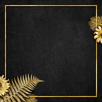 Psd sunflower palm leaf gold frame on black textured background