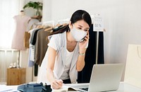 Japanese woman in medical mask, new normal store opening