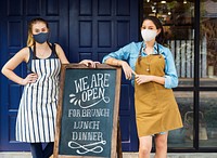 Covid 19, coffee shop sign mockup new normal we are open board