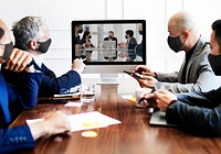 Business people in masks coronavirus conference call desktop mockup, the new normal