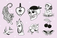 Black & white retro tattoo element psd set pastel background