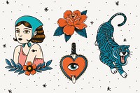 Colorful retro tattoo element psd set