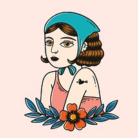 Colorful retro girl tattoo vector design with pastel background 
