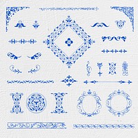 Vintage blue ornamental element psd set, remix from The Model Book of Calligraphy Joris Hoefnagel and Georg Bocskay