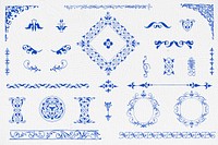 Blue vintage vector ornamental element set, remix from The Model Book of Calligraphy Joris Hoefnagel and Georg Bocskay