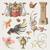 Antique Victorian decorative ornament objects set, remix from The Model Book of Calligraphy Joris Hoefnagel and Georg Bocskay