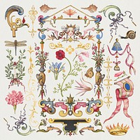 Antique Victorian decorative psd ornamental object set, remix from The Model Book of Calligraphy Joris Hoefnagel and Georg Bocskay