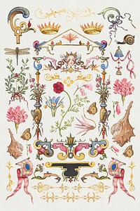 Antique Victorian decorative psd ornamental object set, remix from The Model Book of Calligraphy Joris Hoefnagel and Georg Bocskay