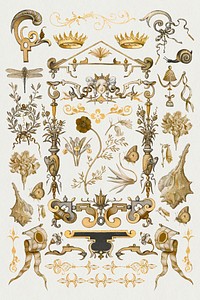 Gold antique Victorian decorative psd ornament set, remix from The Model Book of Calligraphy Joris Hoefnagel and Georg Bocskay