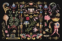 Antique Victorian decorative vector ornament objects set, remix from The Model Book of Calligraphy Joris Hoefnagel and Georg Bocskay