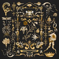 Gold antique psd Victorian decorative ornament set, remix from The Model Book of Calligraphy Joris Hoefnagel and Georg Bocskayt