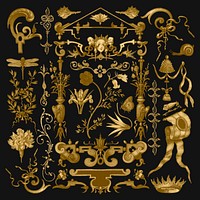 Gold antique Victorian vector decorative ornament set, remix from The Model Book of Calligraphy Joris Hoefnagel and Georg Bocskay