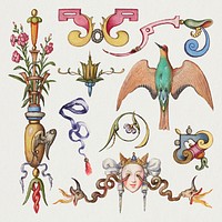 Psd Victorian element decorative ornamental objects set, remix from The Model Book of Calligraphy Joris Hoefnagel and Georg Bocskay
