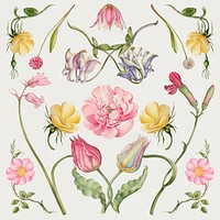 Vintage blooming flower illustration psd set, remix from The Model Book of Calligraphy Joris Hoefnagel and Georg Bocskay