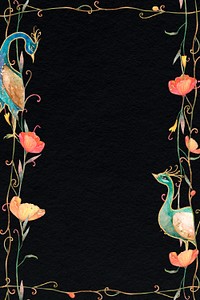 Pattern frame psd with watercolor flower and peacock on black background