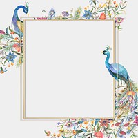 Gold frame vector with watercolor flower and peacock illustration