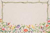 Green frame psd with watercolor flowers on beige background