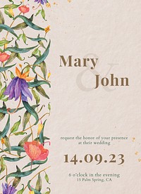 Editable wedding card template vector with watercolor peacocks and flowers on beige background